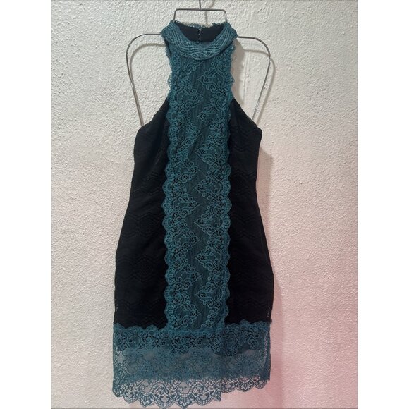 FREE PEOPLE ~X Small ~ Teal & Black Lace NATASHA Bodycon High Neck Dress - Picture 1 of 16